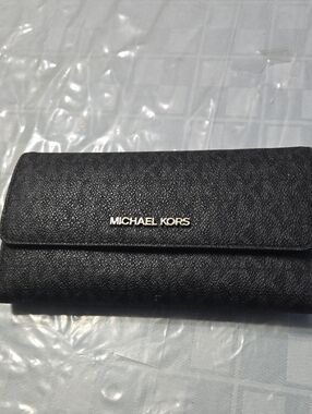 Michael Kors Signature Black Trifold Wallet with Silver Logo